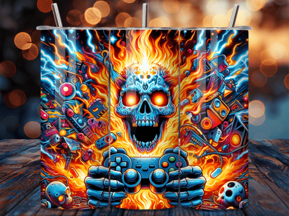 Flaming Gaming Skull Controller Tumbler