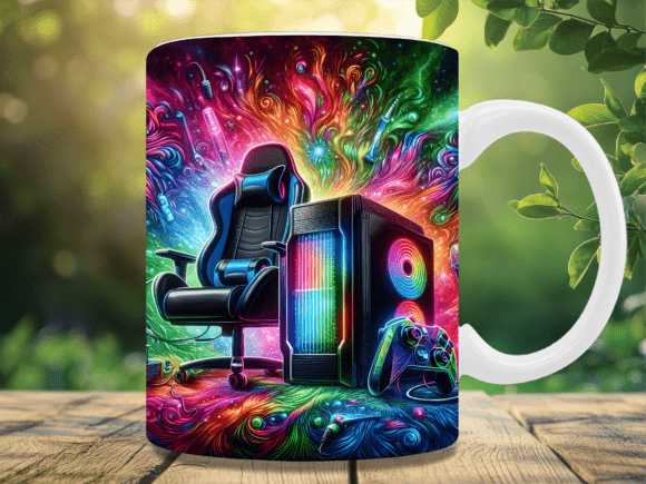 Neon Gaming Setup Mug Wrap: Elevate Your Sublimation Coffee Mug Design Game