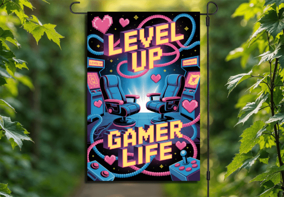 Neon Level Up Gaming Room Garden Flag: Elevate Your Outdoor Space with Digital Sublimation Design