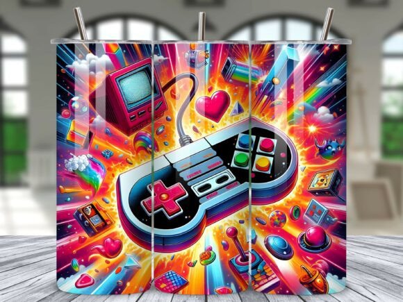 Neon Retro 80s Gaming Tumbler Wrap PNG: Bringing Arcade Nostalgia to Your Daily Sip