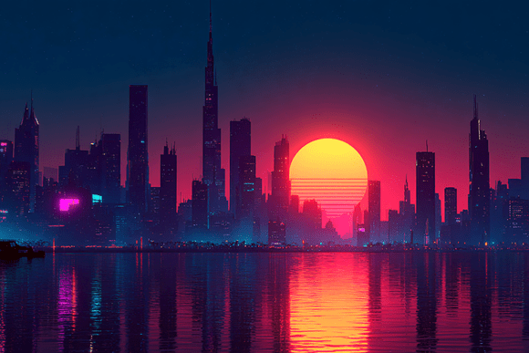 Retro Cyberpunk City Sunset Background