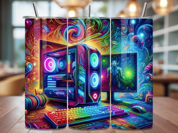 The Neon Gaming PC Setup Abstract Tumbler: Merging Digital Aesthetics with Functional Design